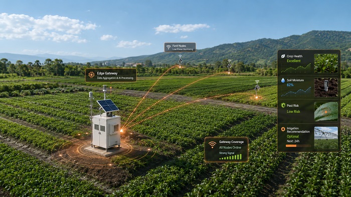 Campo agrícola con nodos de sensores y gateway solar, con panel de salud del cultivo, humedad de suelo, riesgo de plagas y recomendación de riego