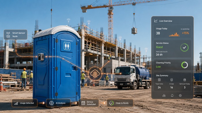 Sanitario portátil en obra de construcción con sensor inteligente y panel de uso, estado de servicio y prioridad de limpieza en tiempo real